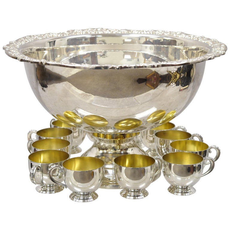 Towle Silver Plated Punch Bowl Set Flower Shell Rim with 12 Cups at