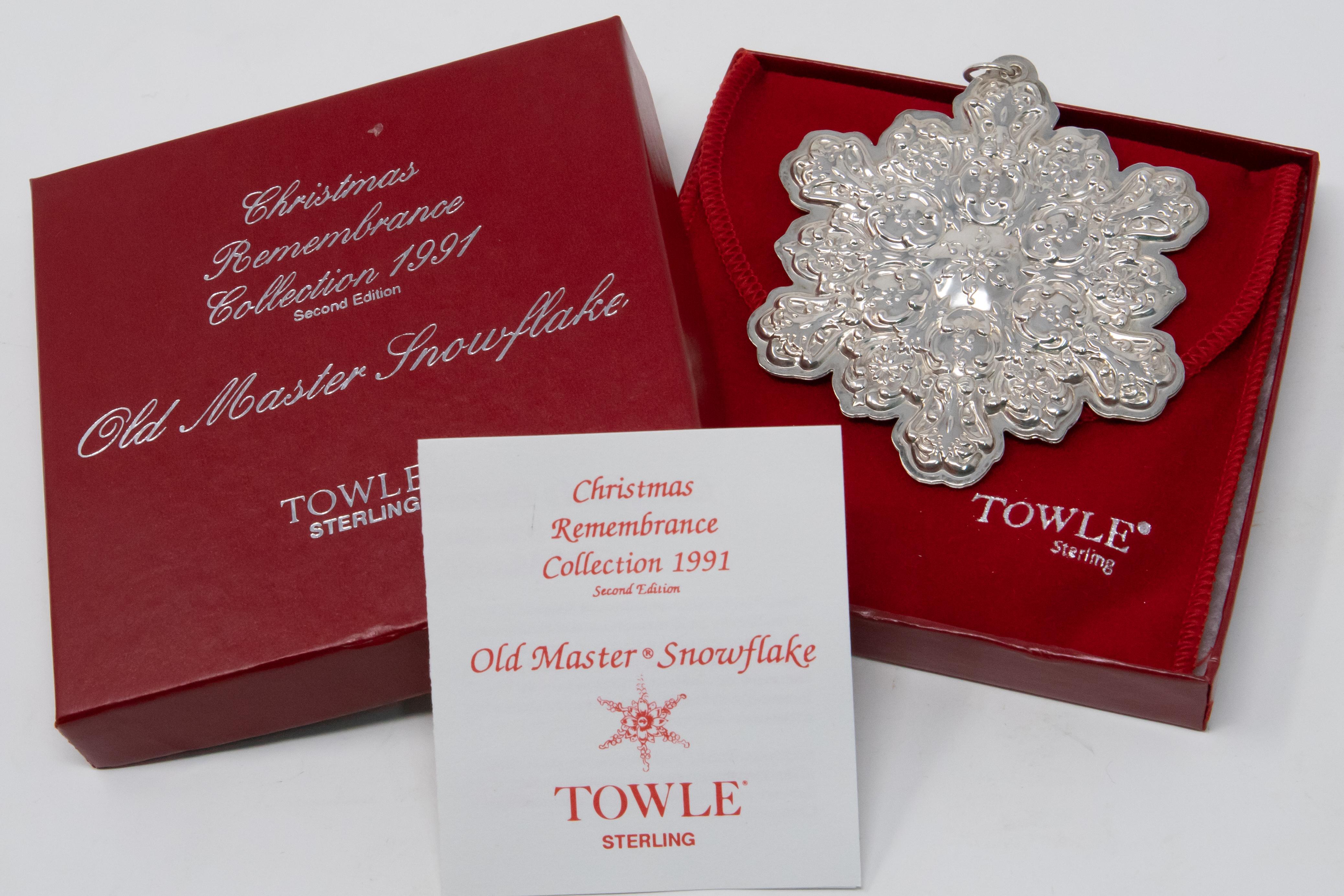 Offering this stunning Towle old master snowflake from 1991. The front is all foliate, and scrollwork designs with lots of texture. The center is inscribed with Towle Sterling, 1991. Come with original box and paperwork.