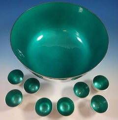 Towle Sterling Silver Punch Bowl and Cups with Turquoise Enamel