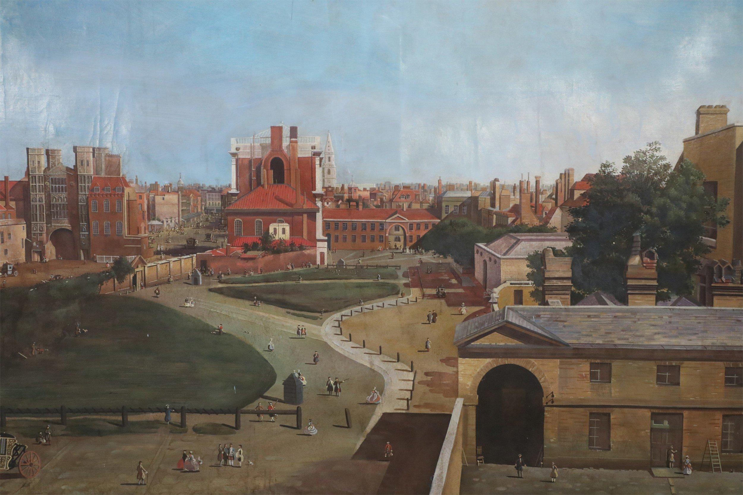 Vintage (20th century) painting of an 18th century town square captured from above, depicting figures moving throughout, greenery and lanes in the center, and buildings far into the distance, under a large light blue sky. Painted on unframed,