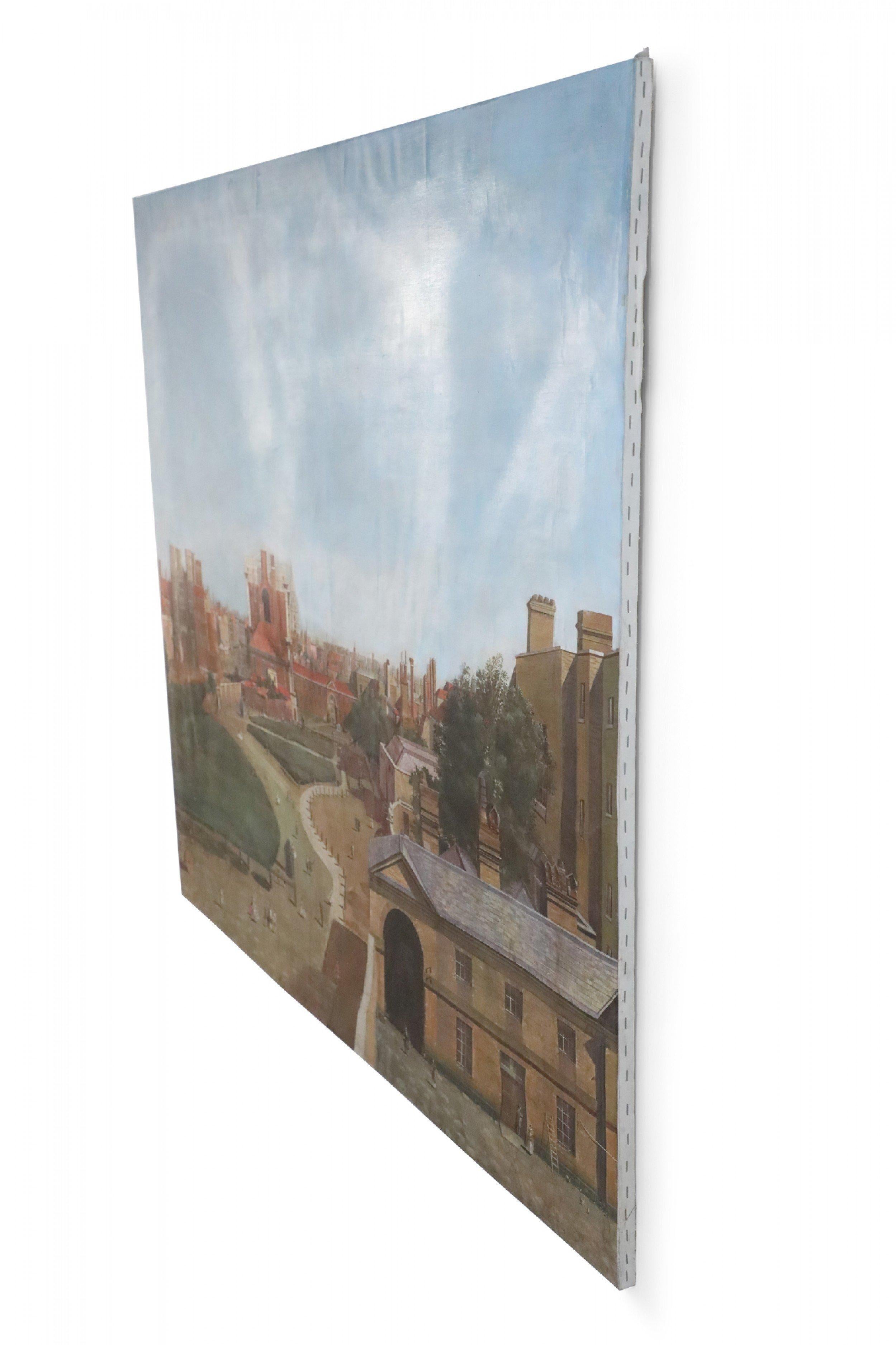 Peinture ancienne (20e siècle) d'une place de ville du 18e siècle prise d'en haut, représentant des personnages en mouvement, de la verdure et des ruelles au centre, et des bâtiments au loin, sous un grand ciel bleu clair. Peint sur une toile