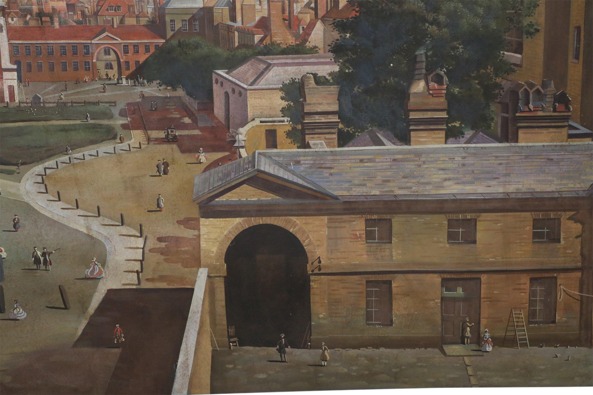 Mid-Century Modern Peinture à l'huile sur toile - Vue aérienne de Town Square en vente