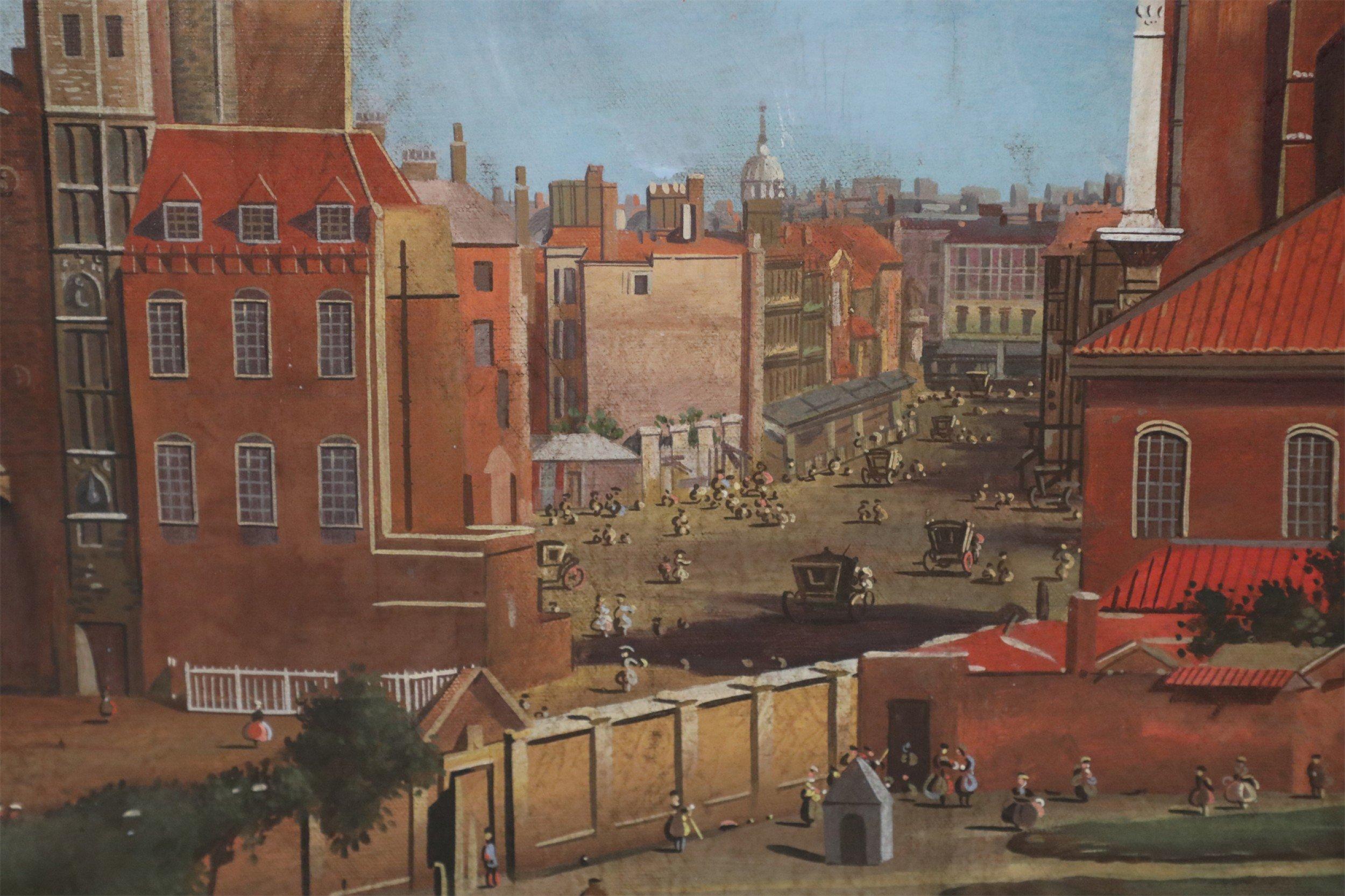 Huilé Peinture à l'huile sur toile - Vue aérienne de Town Square en vente