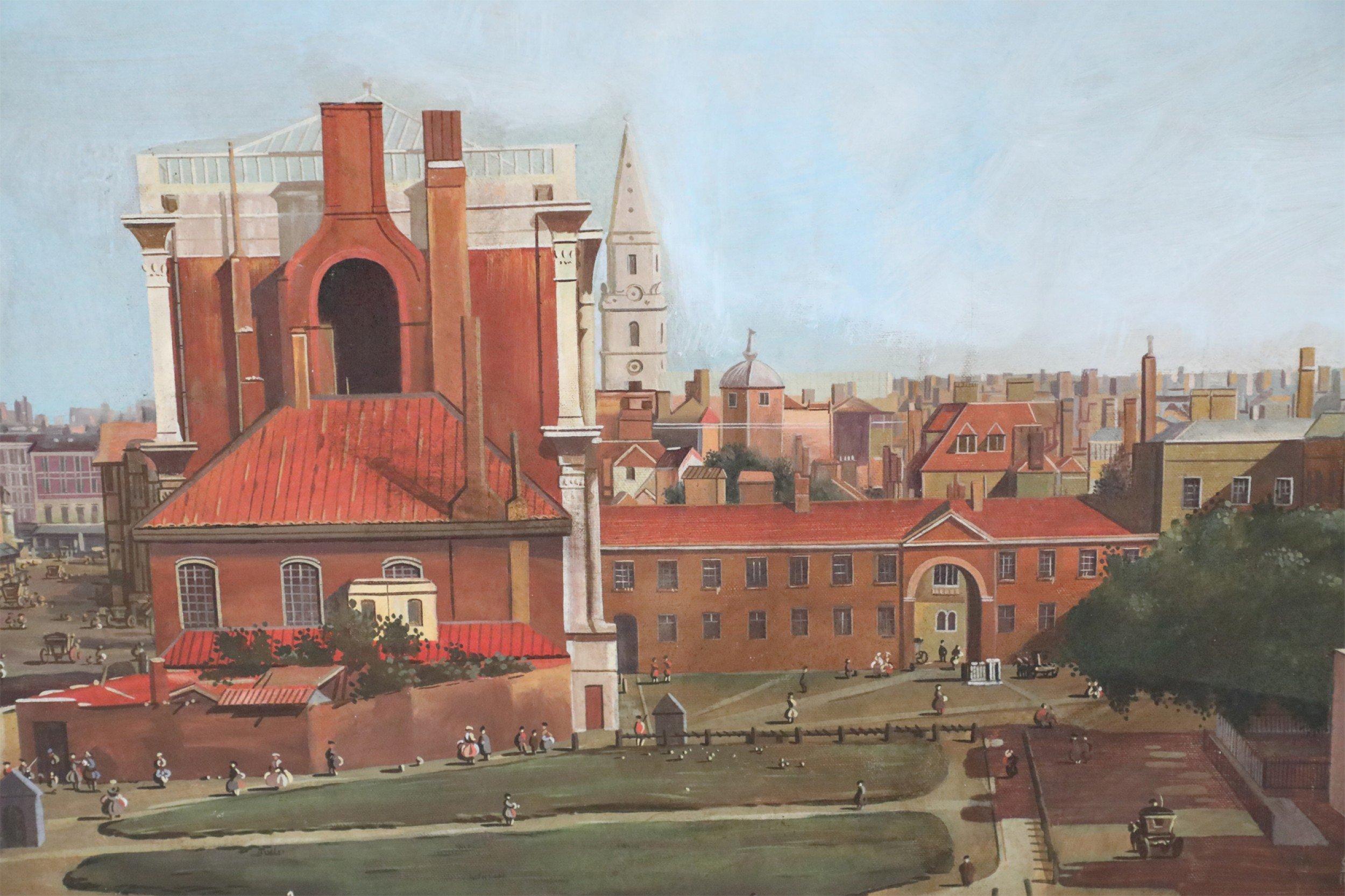 20ième siècle Peinture à l'huile sur toile - Vue aérienne de Town Square en vente