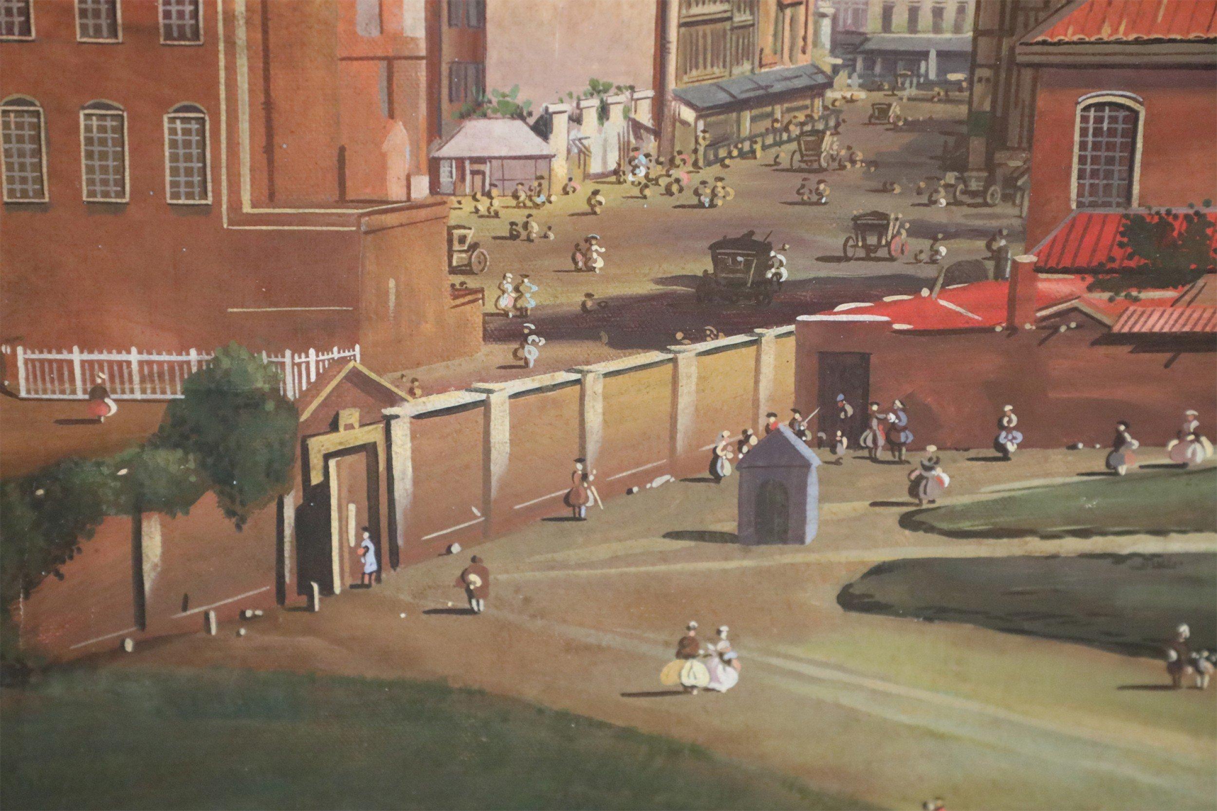 20th Century Town Square Aerial View Oil Painting on Canvas For Sale