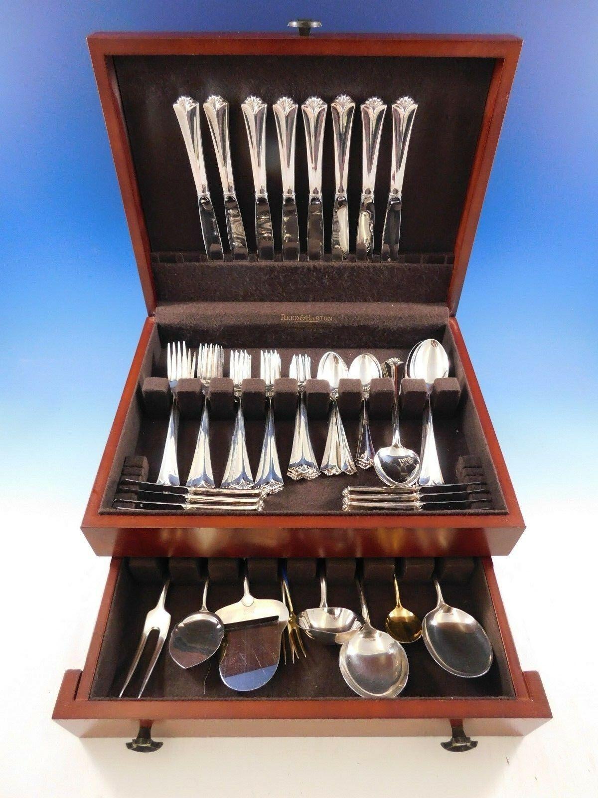Townhall by David Andersen .830 Danish silver flatware set, 65 pieces.
Name of pattern: Radhus med Vifte (translates to 'city hall with fan design)
This set includes:

8 dinner knives, 9 3/8