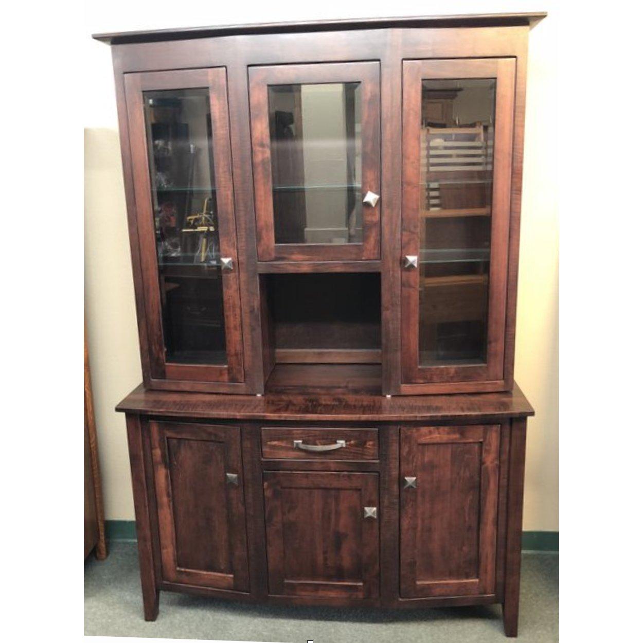 A richway three-door buffet & hutch by Townline Furniture. Straight from a designer showroom. The wood is Maple in a dark finish. The doors are soft closing with beveled glass. A total of five adjustable glass interior shelves. Three overhead three