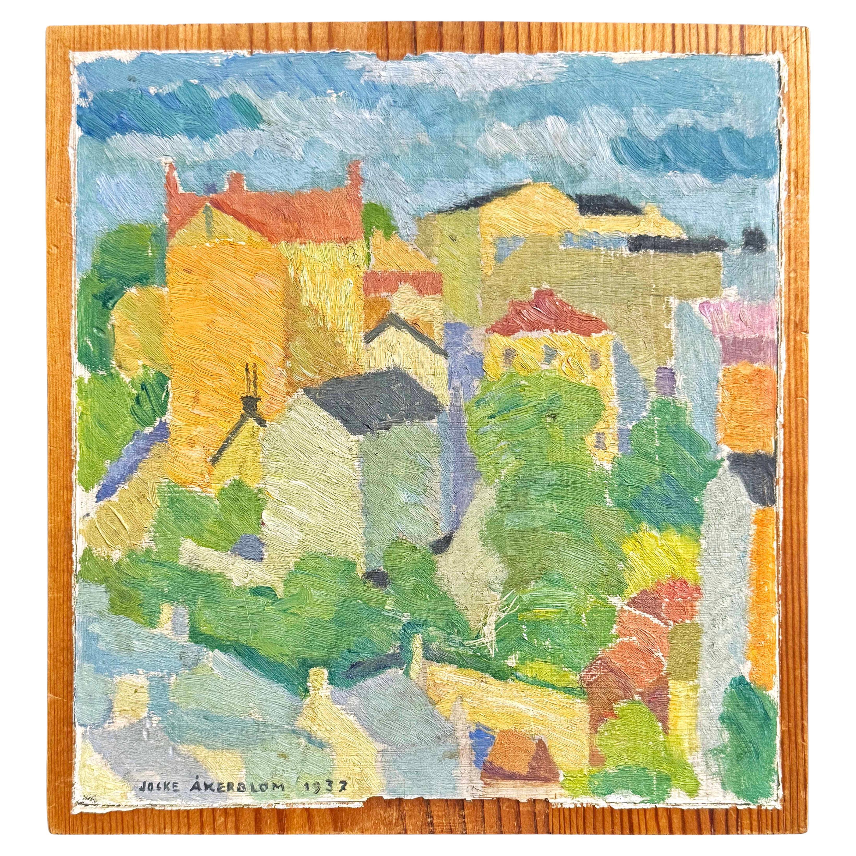 "Townscape in Corsica", Brilliant Art Deco Landscape Painting by Åkerblom, 1937 For Sale