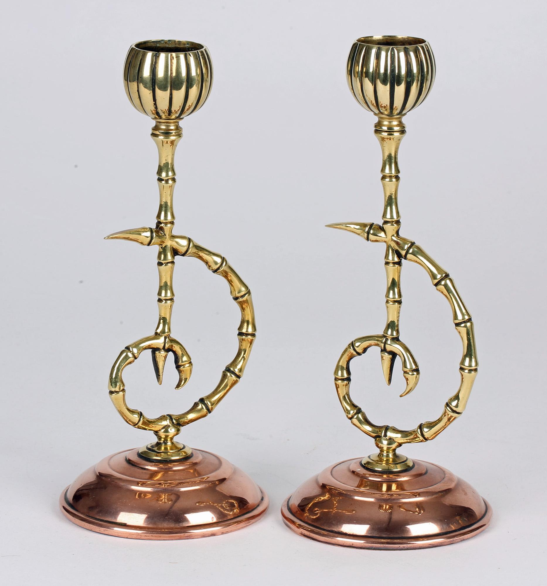 Townsend & Co Aesthetic Movement Brass and Copper Bamboo Candlesticks For Sale 7