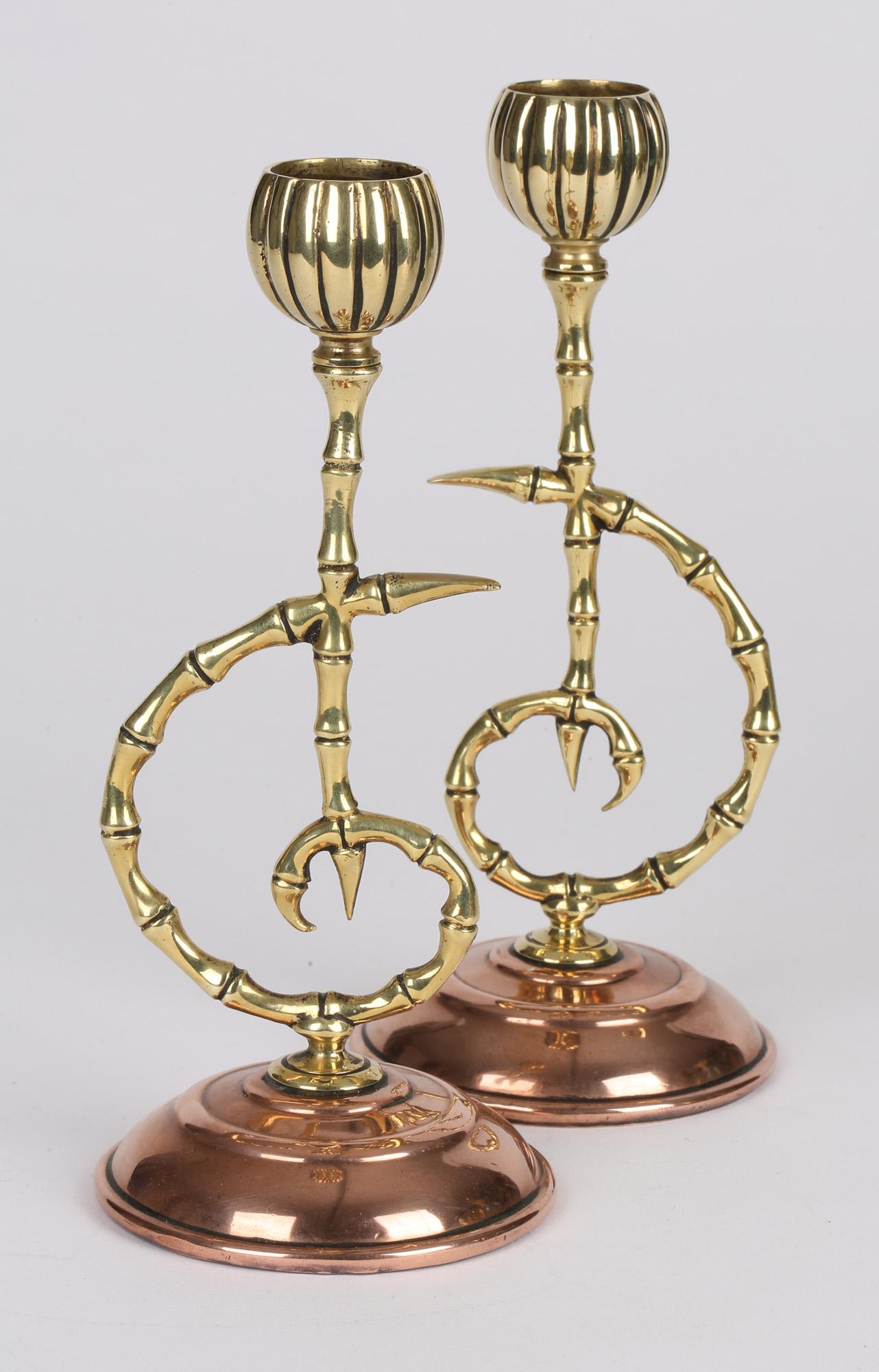 Townsend & Co Aesthetic Movement Brass and Copper Bamboo Candlesticks For Sale 9