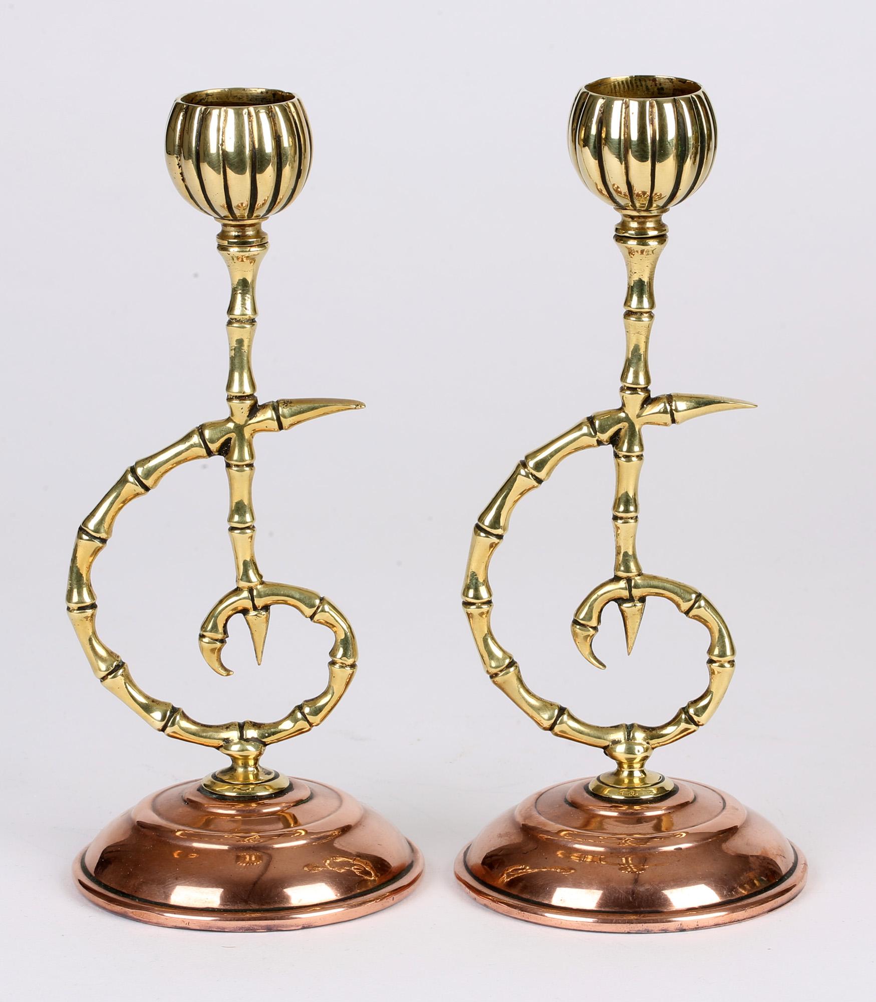 Townsend & Co Aesthetic Movement Brass and Copper Bamboo Candlesticks In Good Condition For Sale In Bishop's Stortford, Hertfordshire