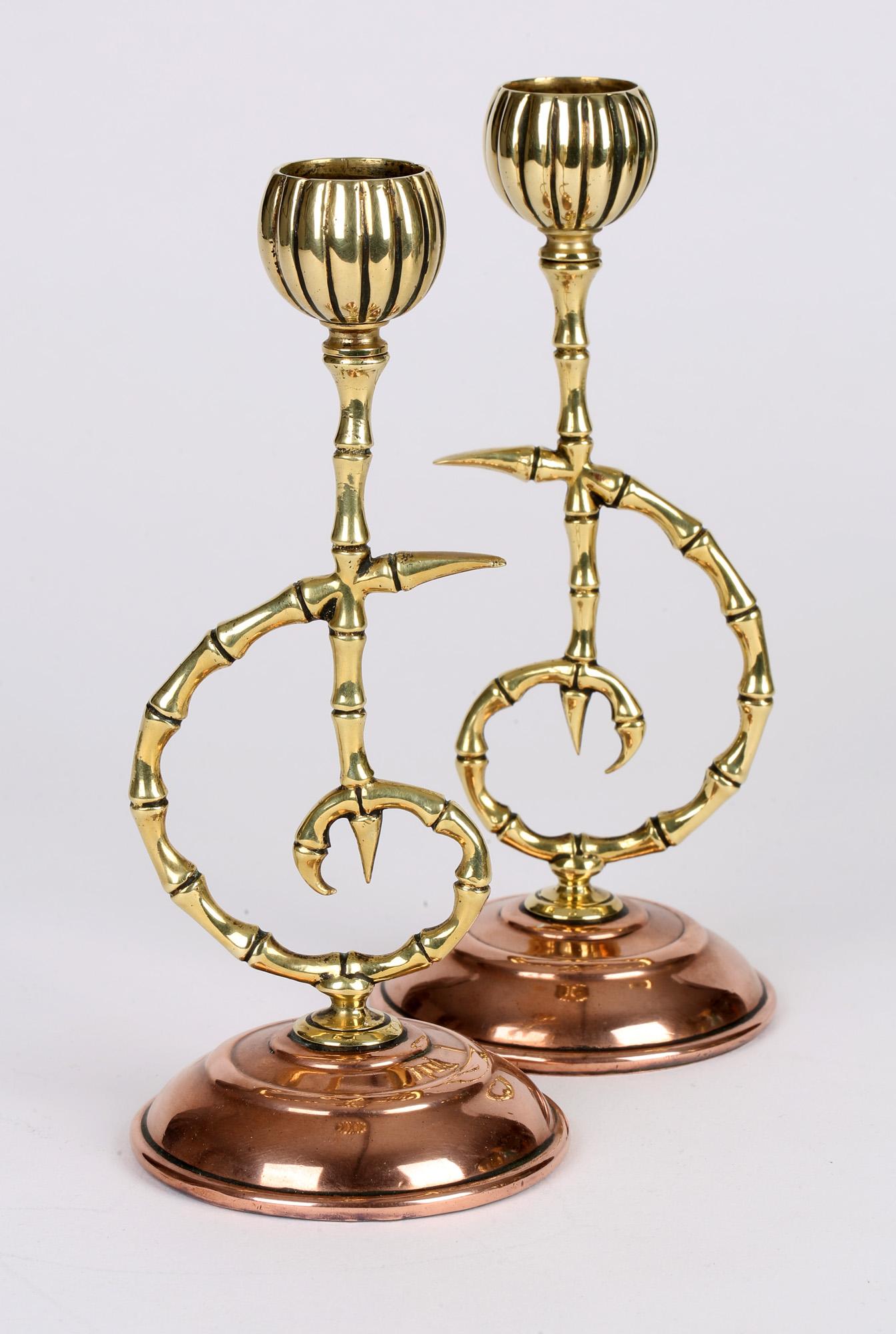 Townsend & Co Aesthetic Movement Brass and Copper Bamboo Candlesticks For Sale 1