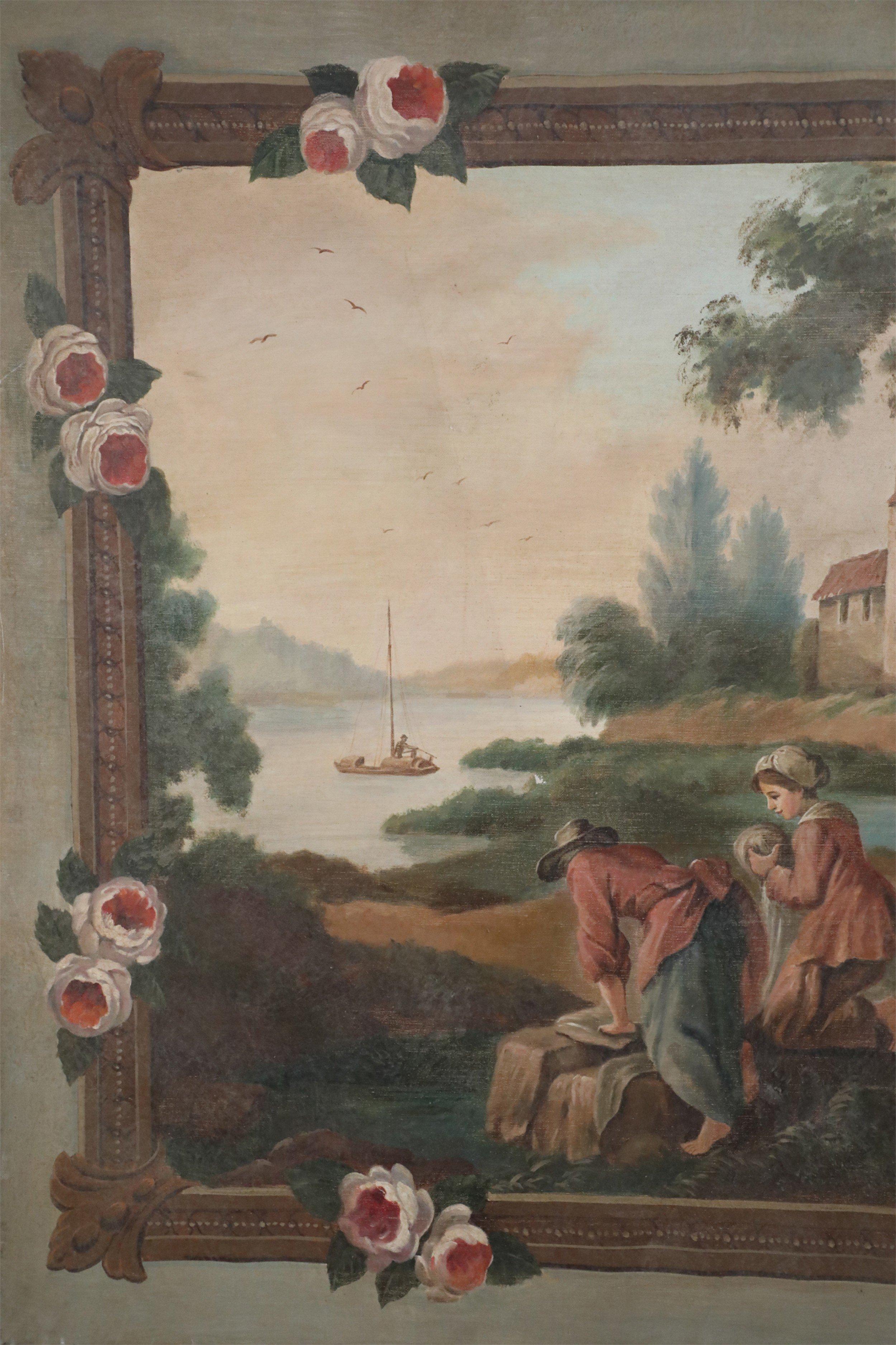 Vintage (20th Century) genre painting depicting two figures working outdoors in front of a lake with a sailboat, and red-roofed houses and green trees beyond the water, surrounded by a decorative floral border.
   