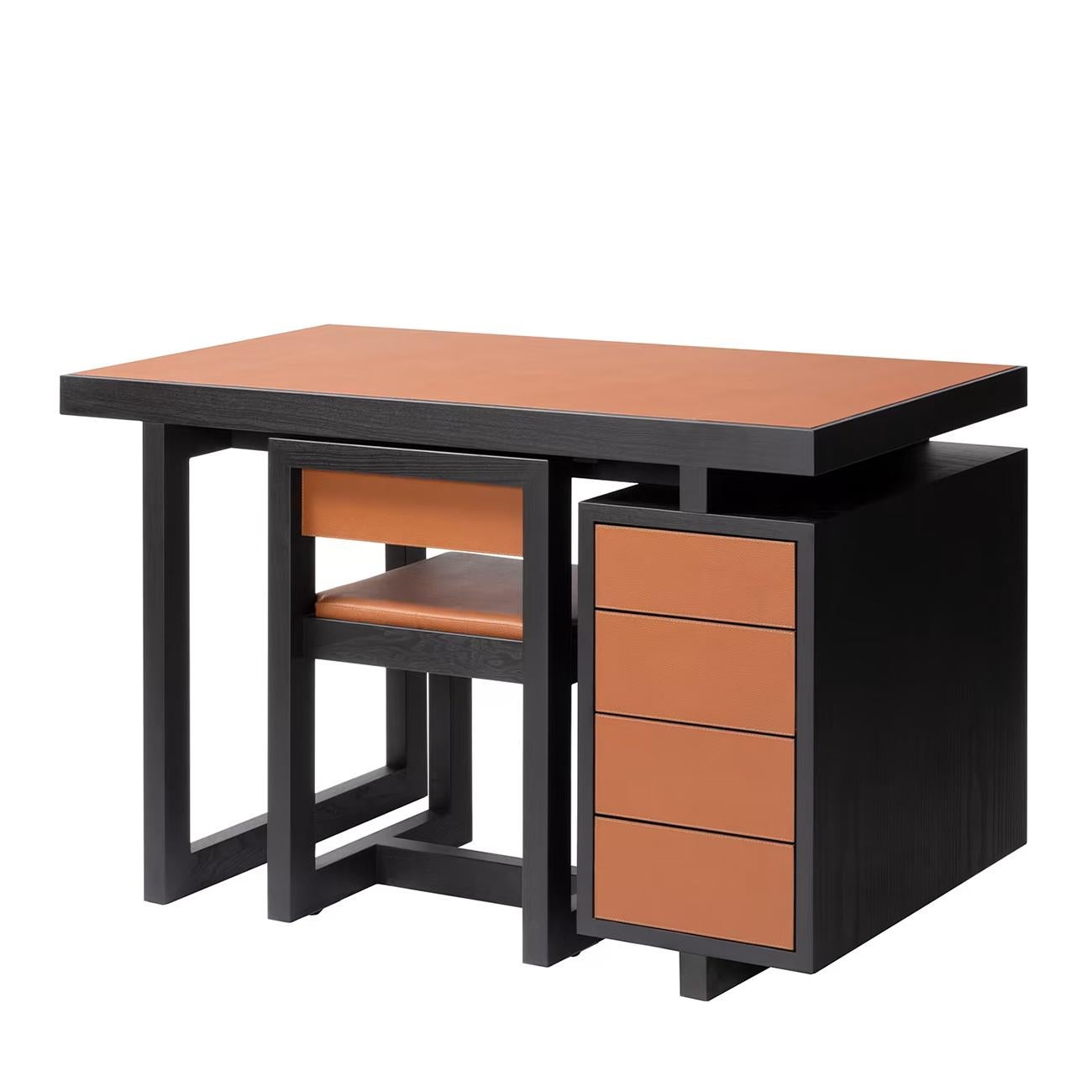 Ensemble bureau et chaise Towny avec toute la structure en solide
bois en finition teintée wengé, recouvert d'un revêtement de haute qualité
cuir véritable en finition souple de couleur orange. Bureau avec 4
tiroirs, y compris la chaise de bureau