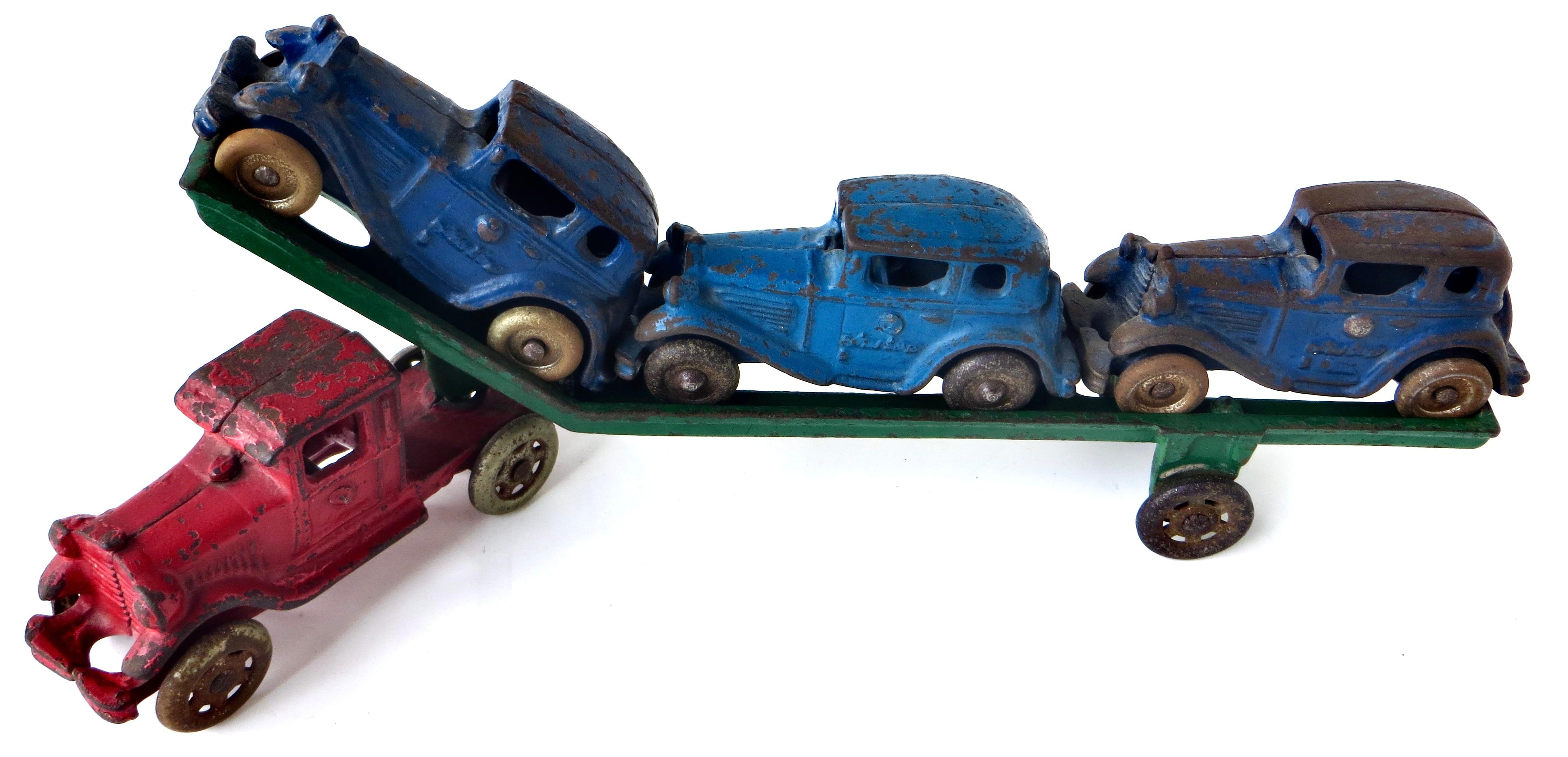Toy Cast Iron Truck Car Carrier; Three Cars by A.C. Williams American Circa 1930 For Sale 6