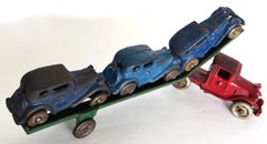 Toy Cast Iron Truck Car Carrier; Three Cars by A.C. Williams American Circa 1930