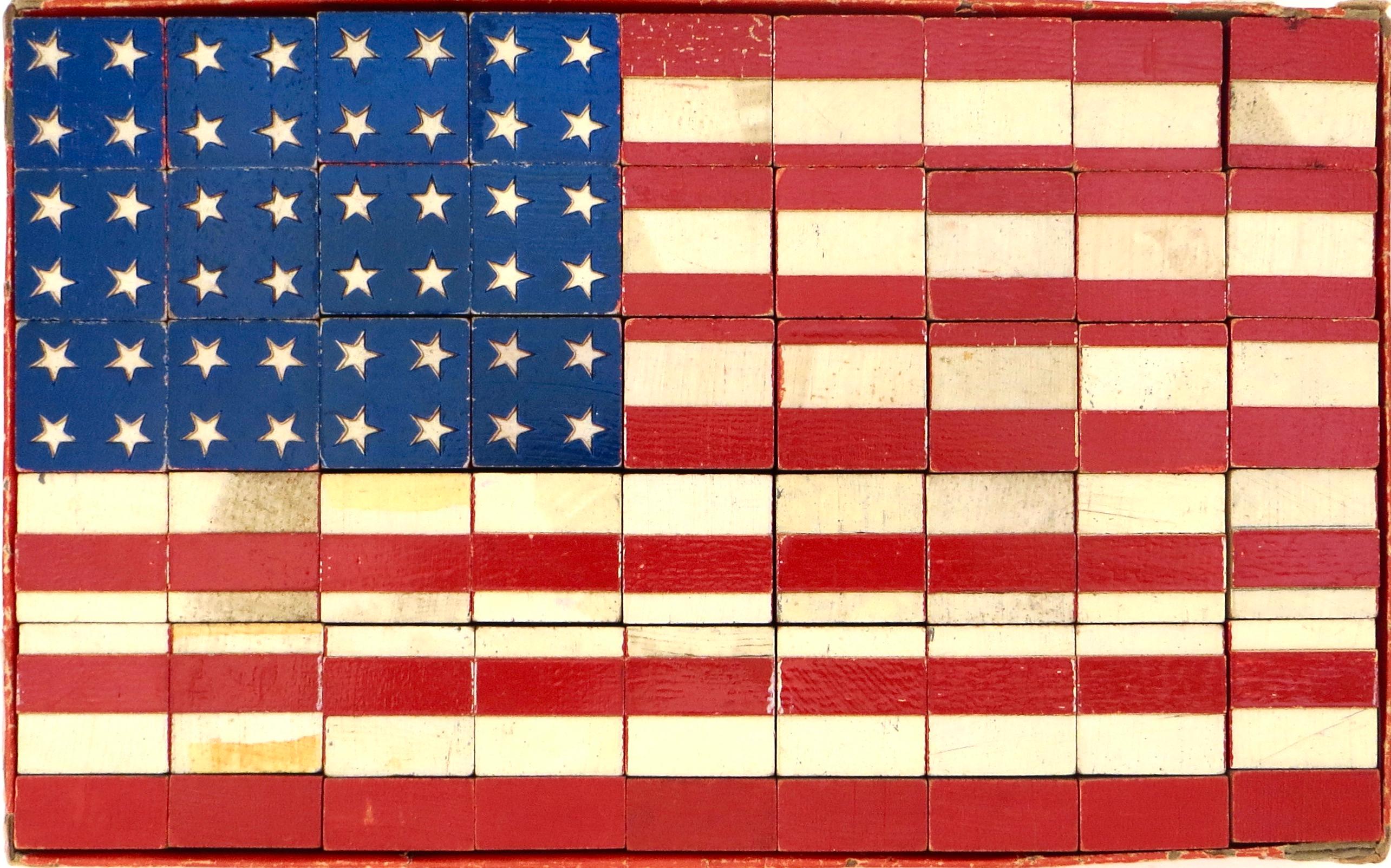 Fabulous set of children's blocks (54 in all) stenciled, hand painted, and decorated on all sides, but featuring the 48 star American Flag (created in 1912 with addition of New Mexico and Arizona)  