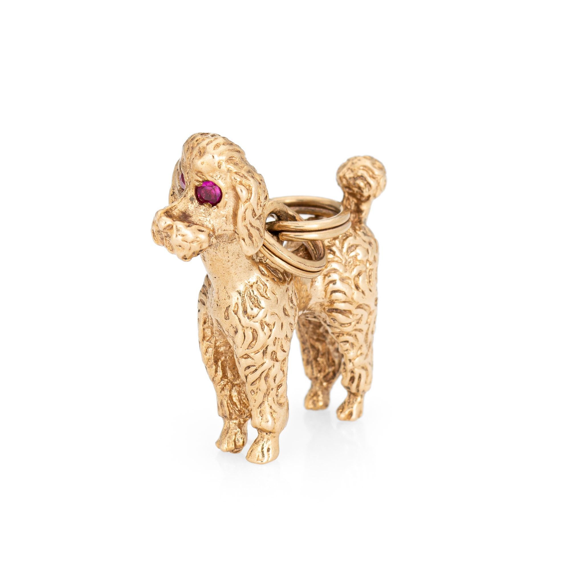 Finely detailed vintage toy poodle charm crafted in 14k yellow gold (circa 1980s to 1990s).  

The finely detailed toy poodle features a textured coat and red stone set eyes. Smaller in scale (3/4 inch diameter) the charm is great worn on a charm