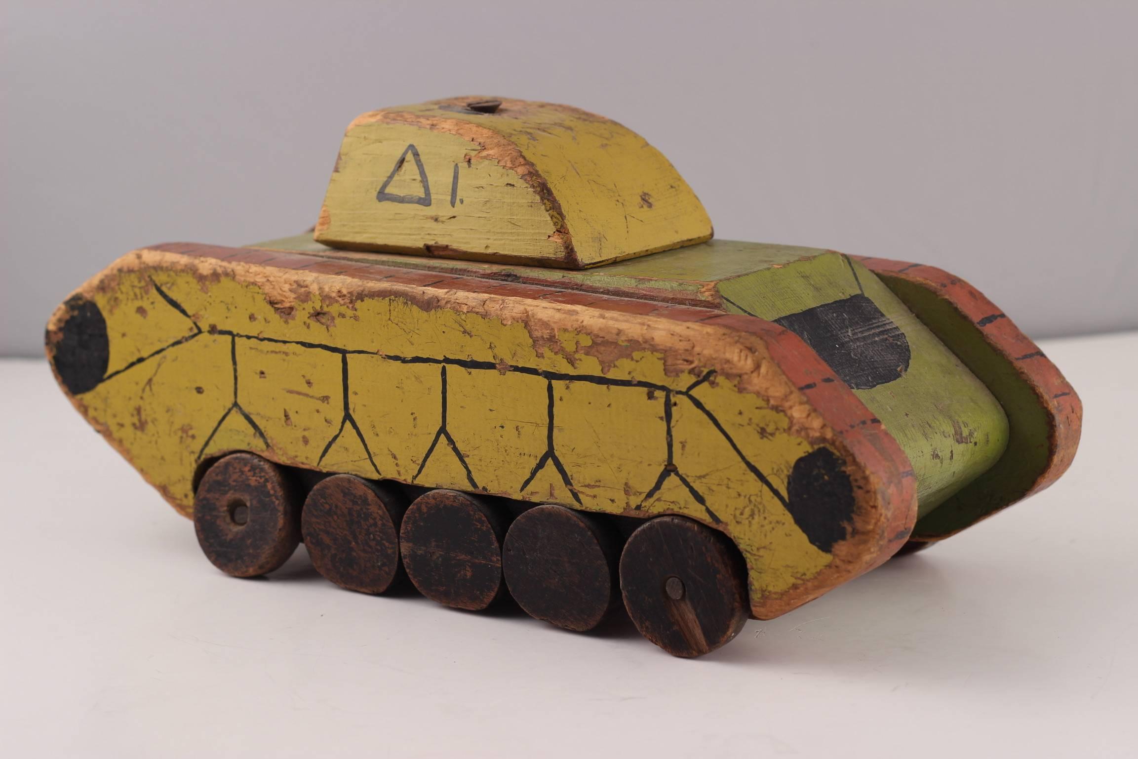British Toy Wooden Tank Made by Italian Soldier from the Second World War