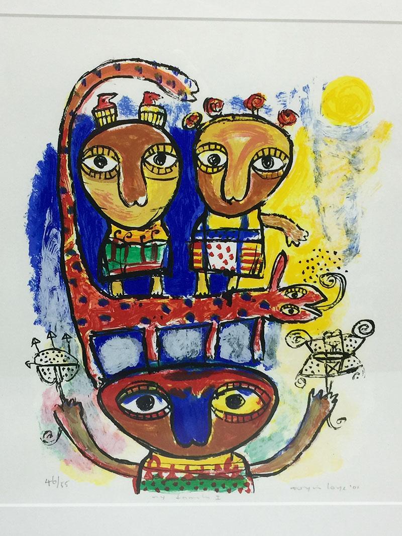 Toyin Loye (1959-) Nigeria

A colorful silkscreen with title “My family I” 2001, numbered 46/55
Signed lower right

The measurement in passe-partout are 42 cm high and 39 cm wide
The framed size is 63 cm square and the depth 2,5 cm

Toyin