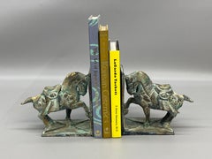 Toyo Japan Parcel Gilt and Verdi Gris Samurai Horse Cast Iron Bookends