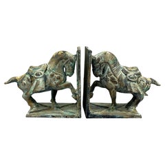 Toyo Japan Parcel Gilt and Verdi Gris Samurai Horse Cast Iron Bookends