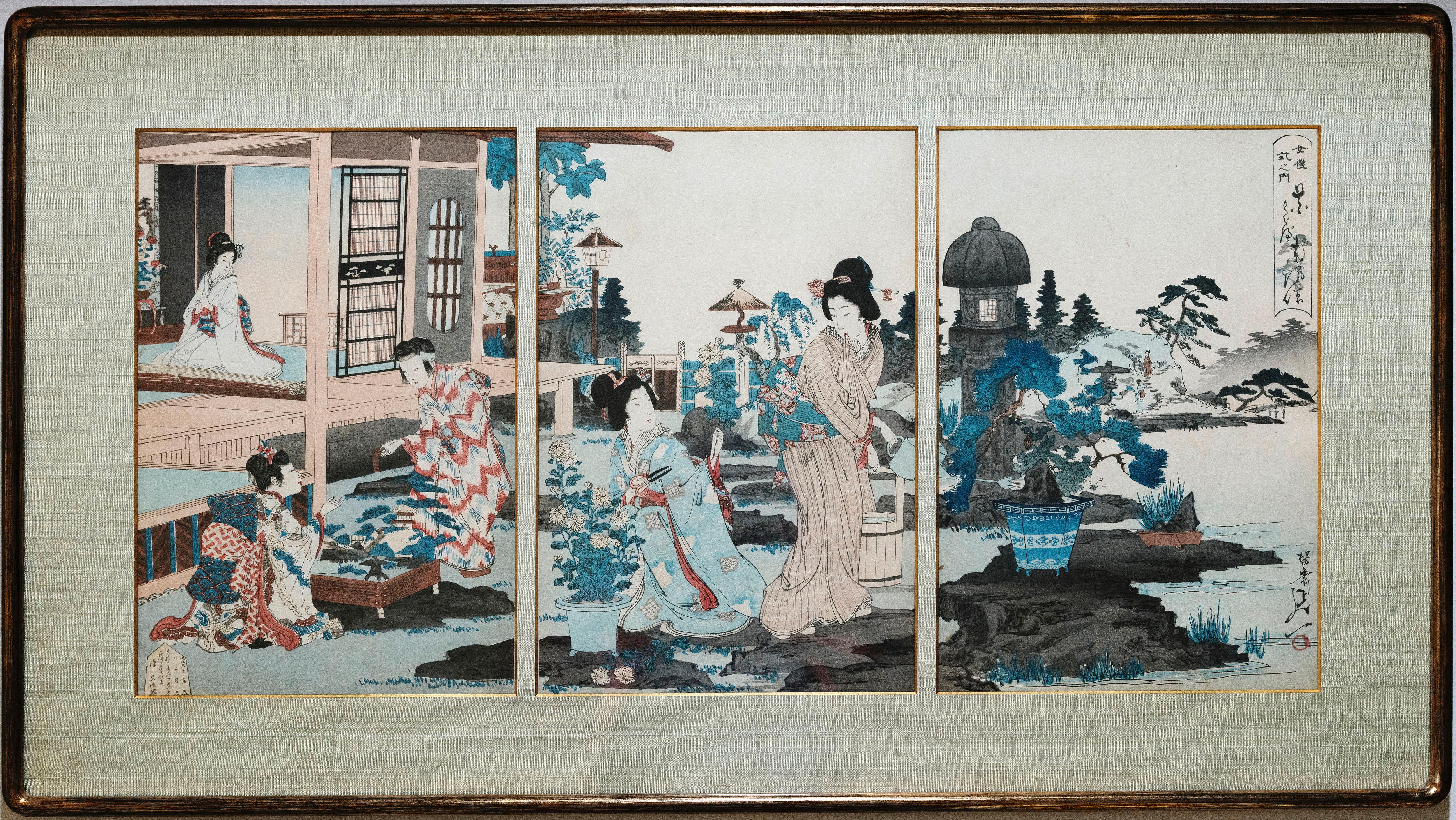 Figurative Print Toyohara Chikanobu - Les femmes dans un jardin