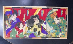 Toyohara Kunichika Japanese Triptych Woodblock Print of Kabuki Theater Actors