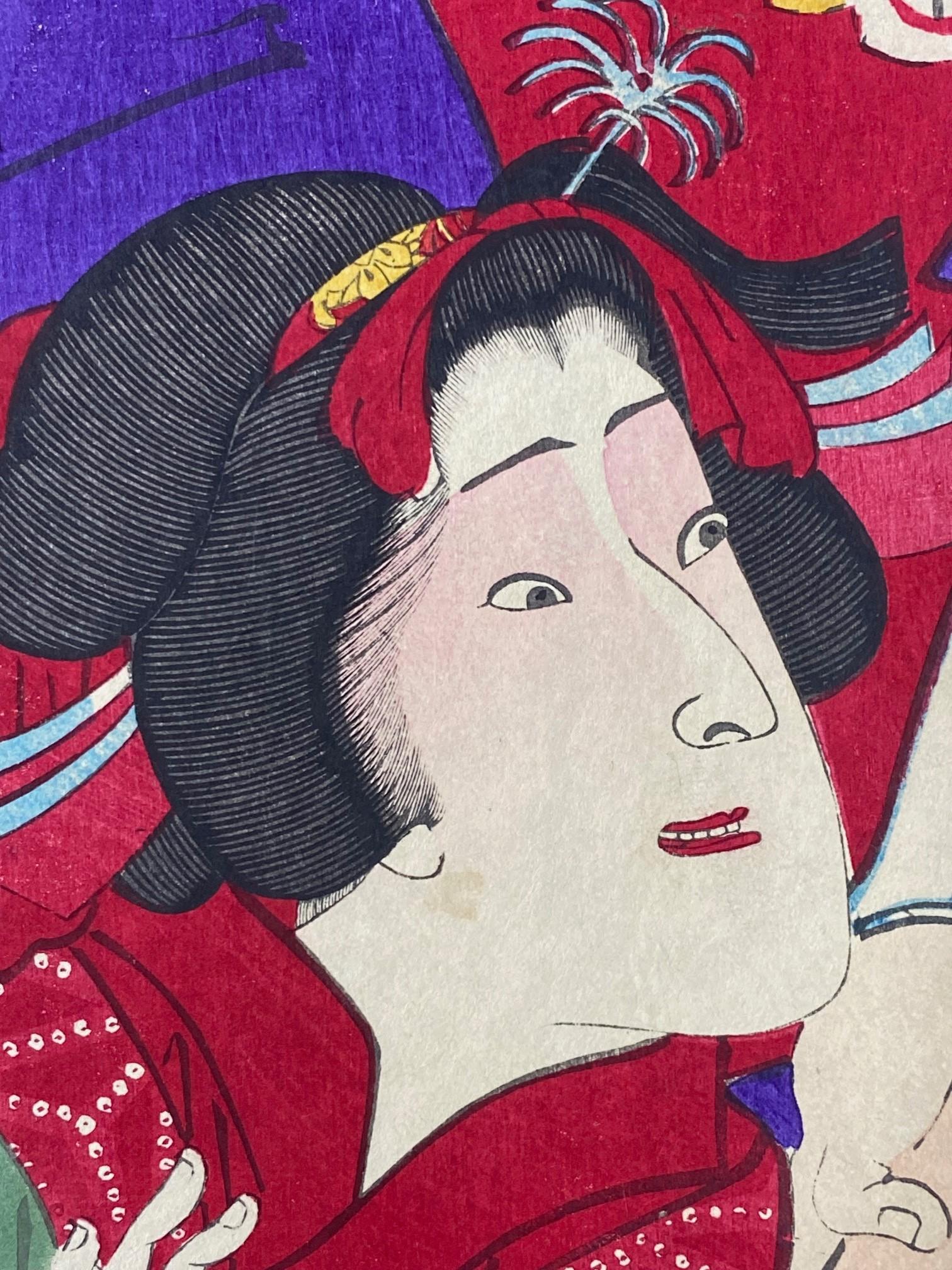 Paper  Toyohara Kunichika Japanese Triptych Woodblock Print of Kabuki Theater Actors For Sale