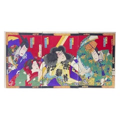 Toyohara Kunichika Japanese Triptych Woodblock Print of Kabuki Theater Actors