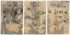 Japanese Baths Triptych, Sensual Ukiyo-e, Original Woodblock Print Nude, Culture