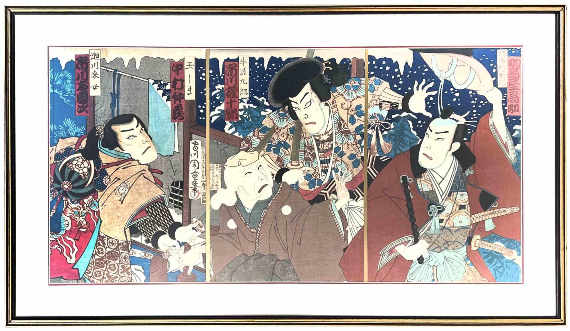 Scène de Kabuki.  Gravure sur bois de Toyohara Kunichika - Fin du 19e siècle