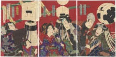 Kunichika Toyohara, Kabuki Actors, Firemen, Original Japanese Woodblock Print