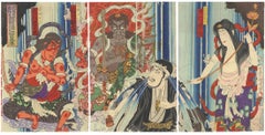Kunichika Toyohara, Kabuki, Original Japanese Woodblock Print, Waterfall, Meiji