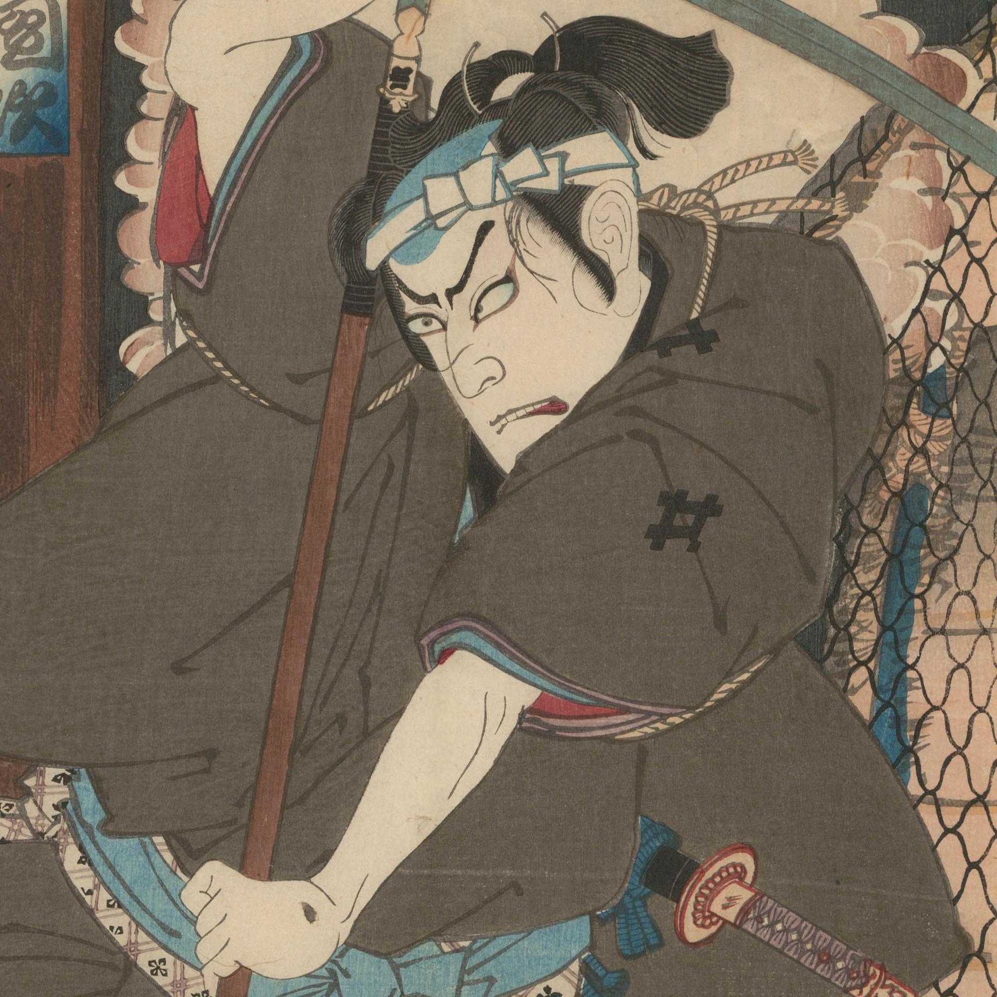 Toyohara Kunichika (1835-1900) - Woodblock giapponese, Kabuki Samurai II in vendita 2