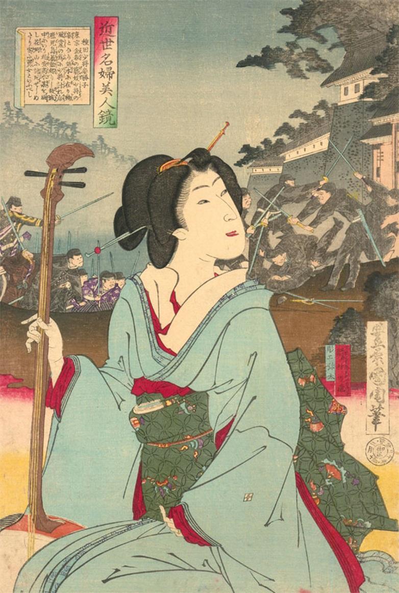 A vibrant Japanese woodblock print depicting a bijinga playing a musical instrument before a scene from the Satsuma Rebellion. Signed and inscribed in characters. On paper.