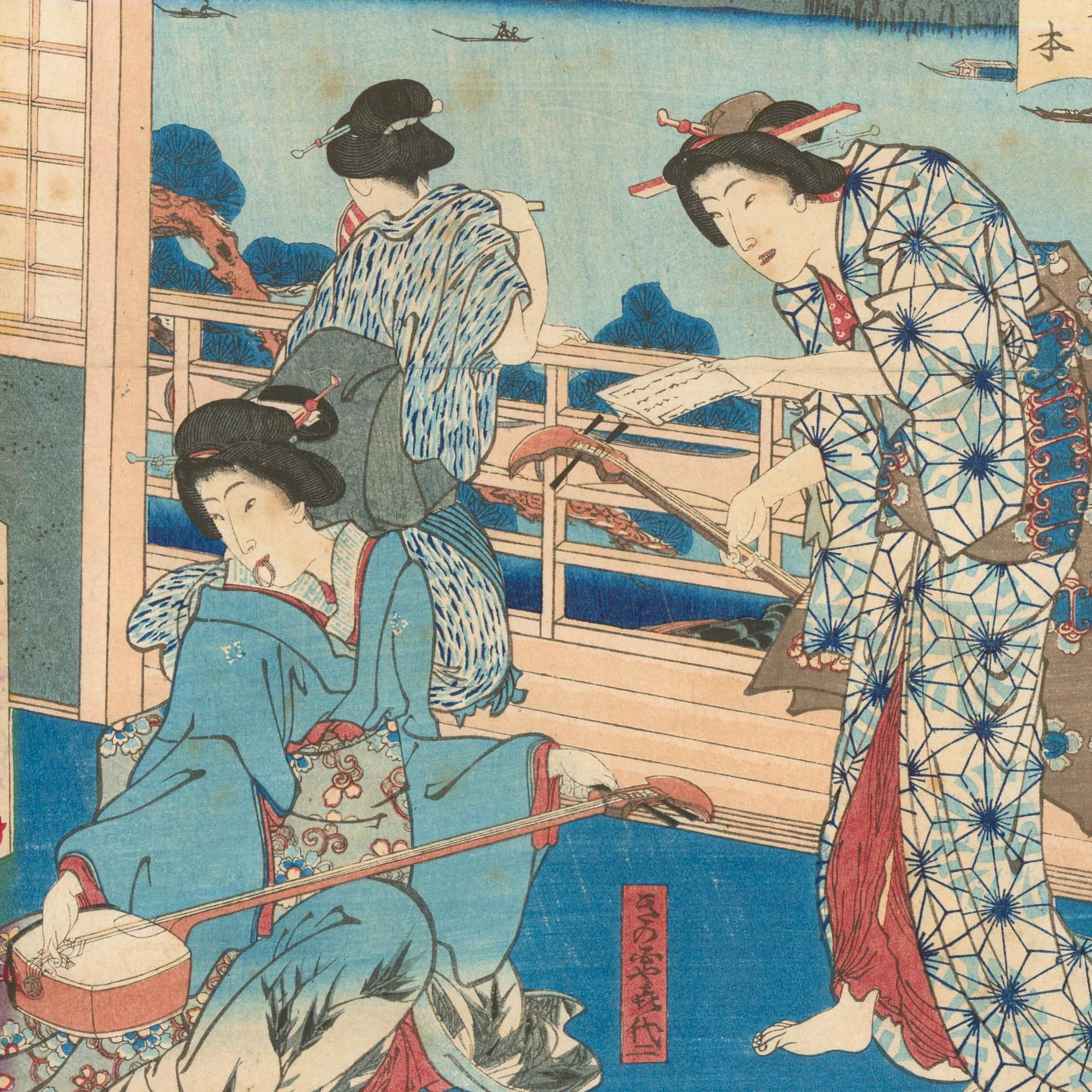 Toyohara Kunichika (1835-1900) - Woodblock, ristorante Kawacho ad Asakusa in vendita 2