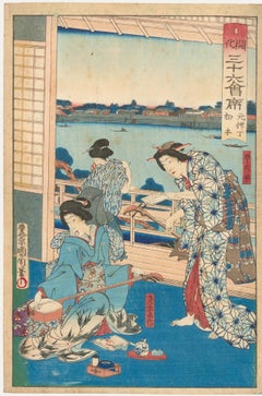 Antique Toyohara Kunichika (1835-1900) - Woodblock, Kawacho Restaurant at Asakusa