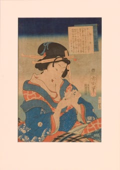 "Yonde mitaso" - Geisha with Origami - Japanese Woodblock