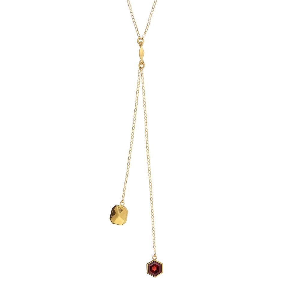18ct Yellow Gold Vermeil and Garnet Lariat Pendant Necklace For Sale