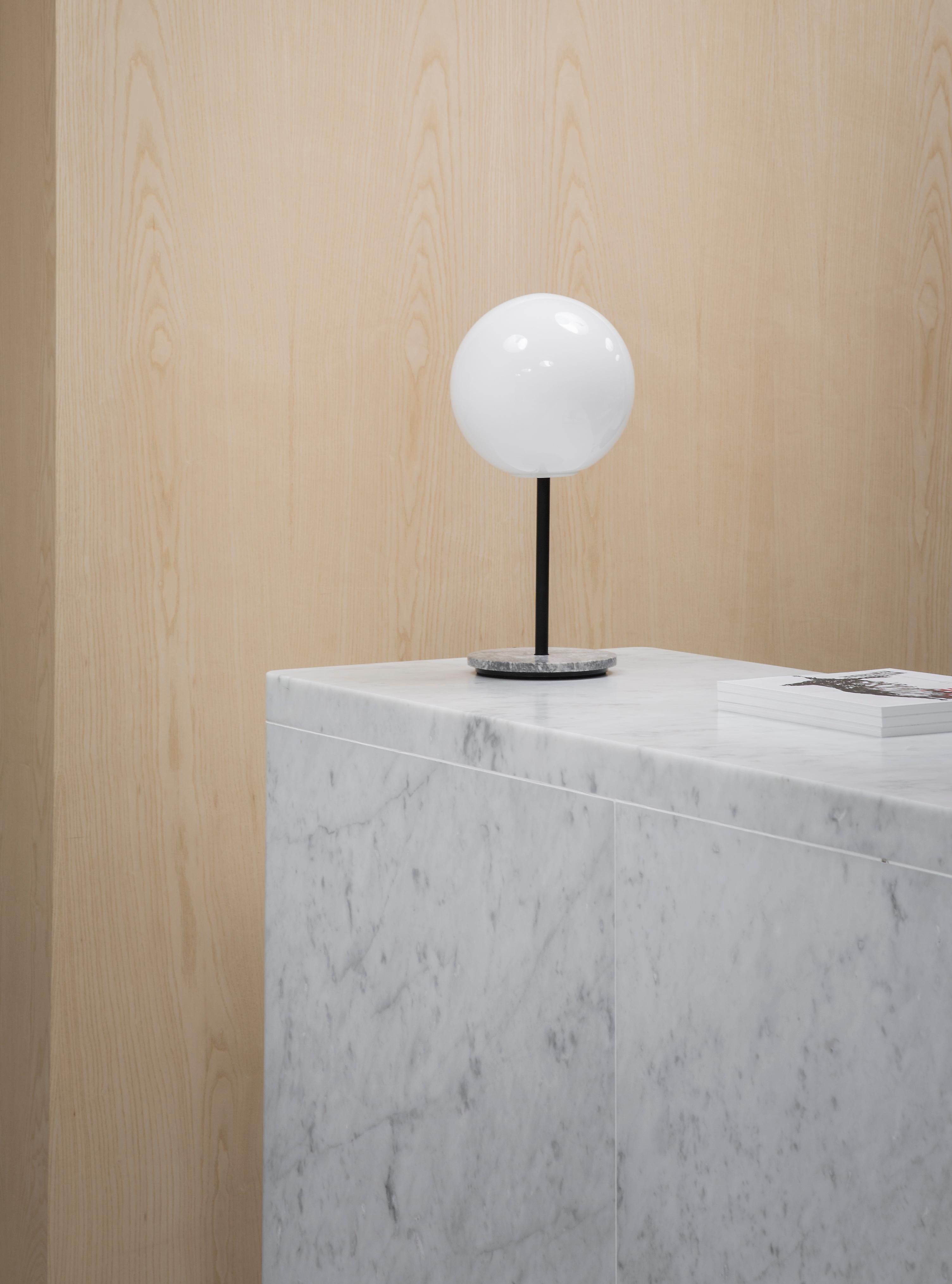 Powder-Coated TR Bulb, Table Lamp, Grey Marble, Matte Opal For Sale