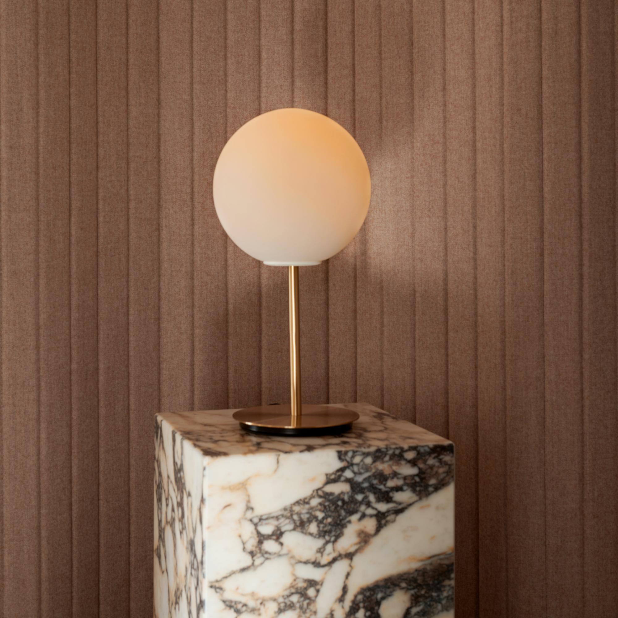 Scandinavian Modern TR Bulb Table Lamp with a Brushed Brass Base and a Matte Opal Bulb, Dim-to-Warm For Sale