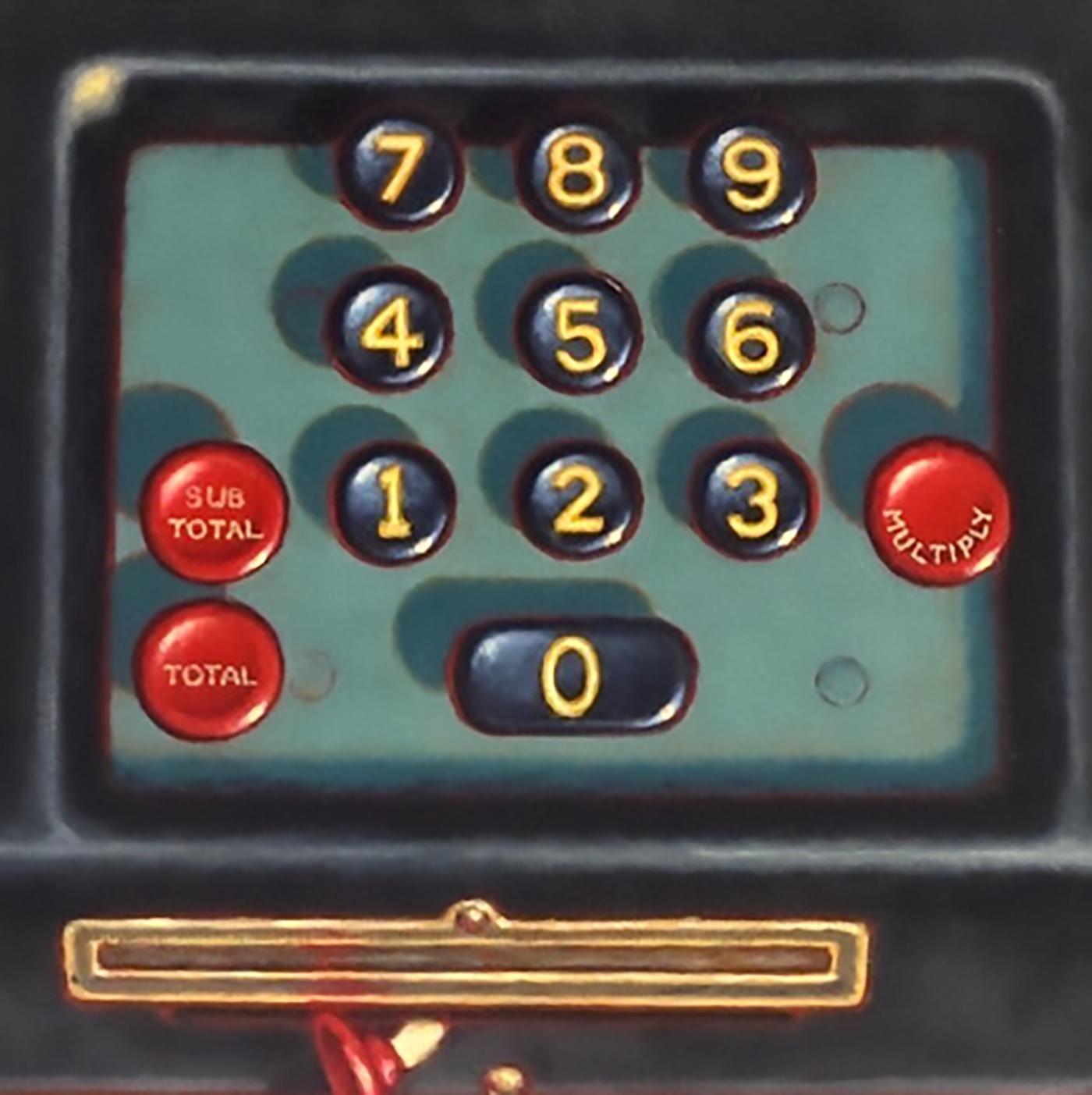 Cold Calculator - Pop-Realismus aus der Jahrhundertmitte, alte Rechenmaschine, Öl auf Leinen im Angebot 4