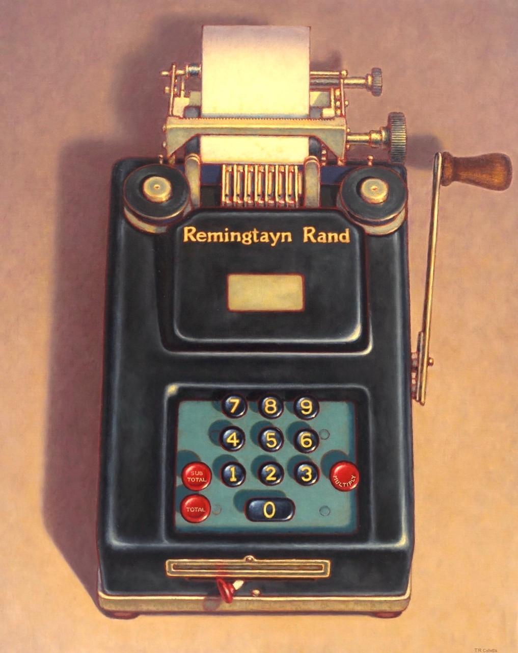 TR Colletta Still-Life Painting – Cold Calculator - Pop-Realismus aus der Jahrhundertmitte, alte Rechenmaschine, Öl auf Leinen