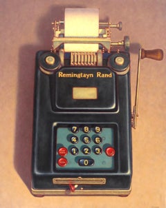 Cold Calculator - Pop-Realismus aus der Jahrhundertmitte, alte Rechenmaschine, Öl auf Leinen