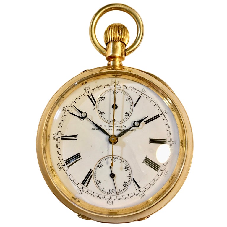 T R Russel S Swiss Split Second 18 Karat Gold Chronograph Pocket Watch