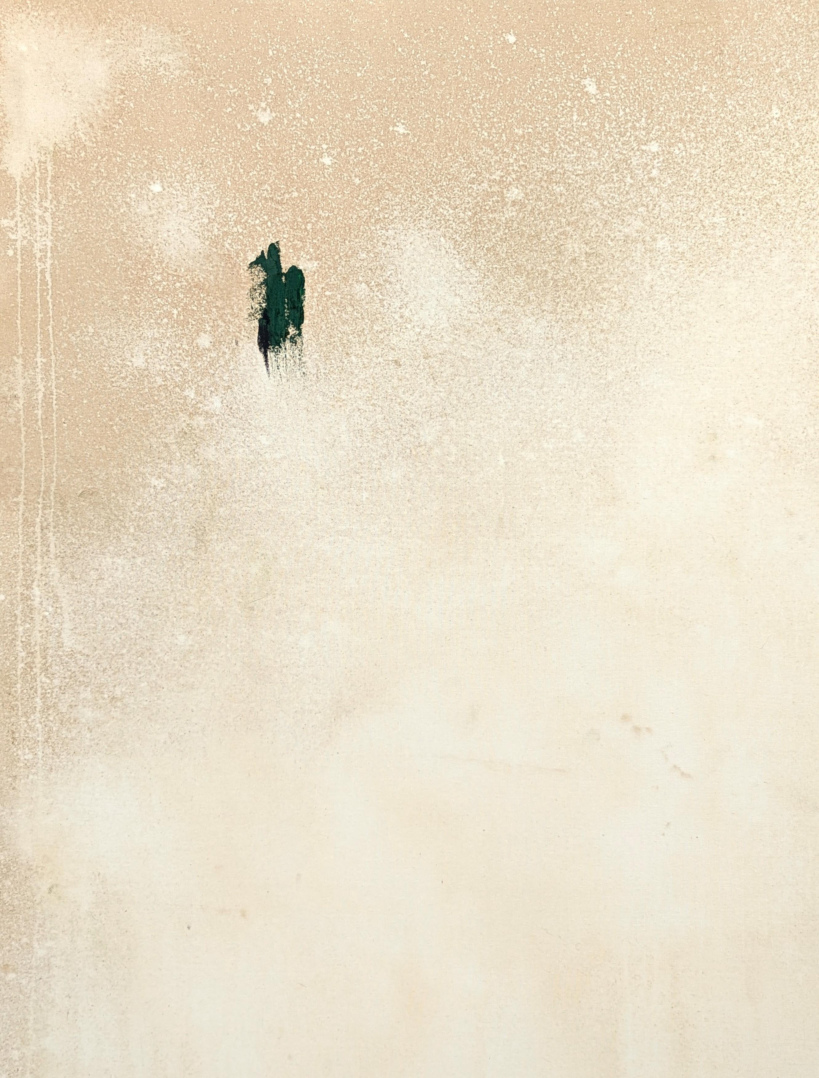 Pittura astratta contemporanea dell'artista Tra' Slaughter di Houston, TX. Il dipinto è caratterizzato da uno sfondo dai toni neutri accentuati da espressivi tratti di colore in verde, giallo e nero. Firmato, intitolato e datato sul retro. Non
