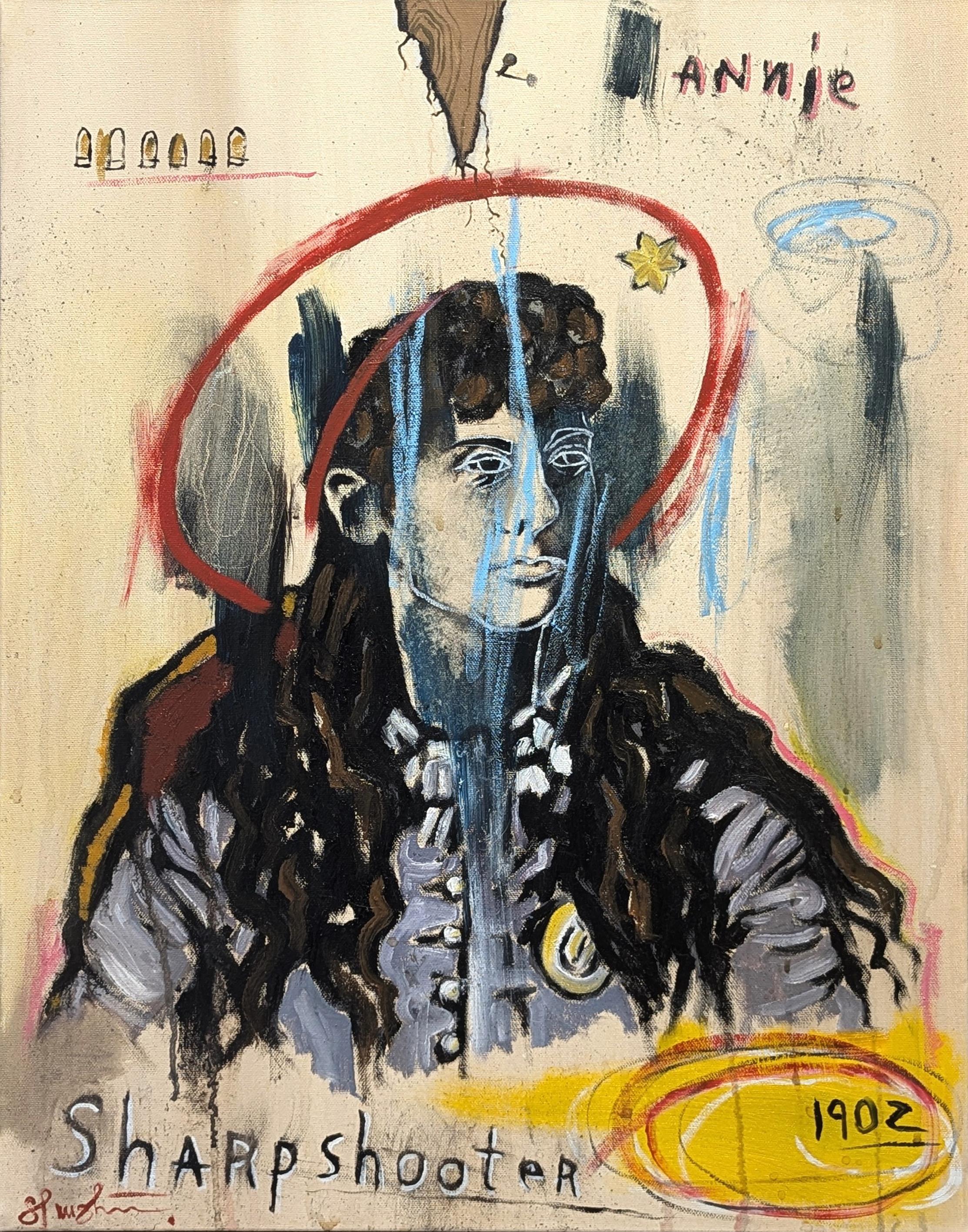 Tra
 Slaughter Figurative Painting - “Annie Oakley- 1902” Contemporary Figurative Cowboy Sharpshooter Painting