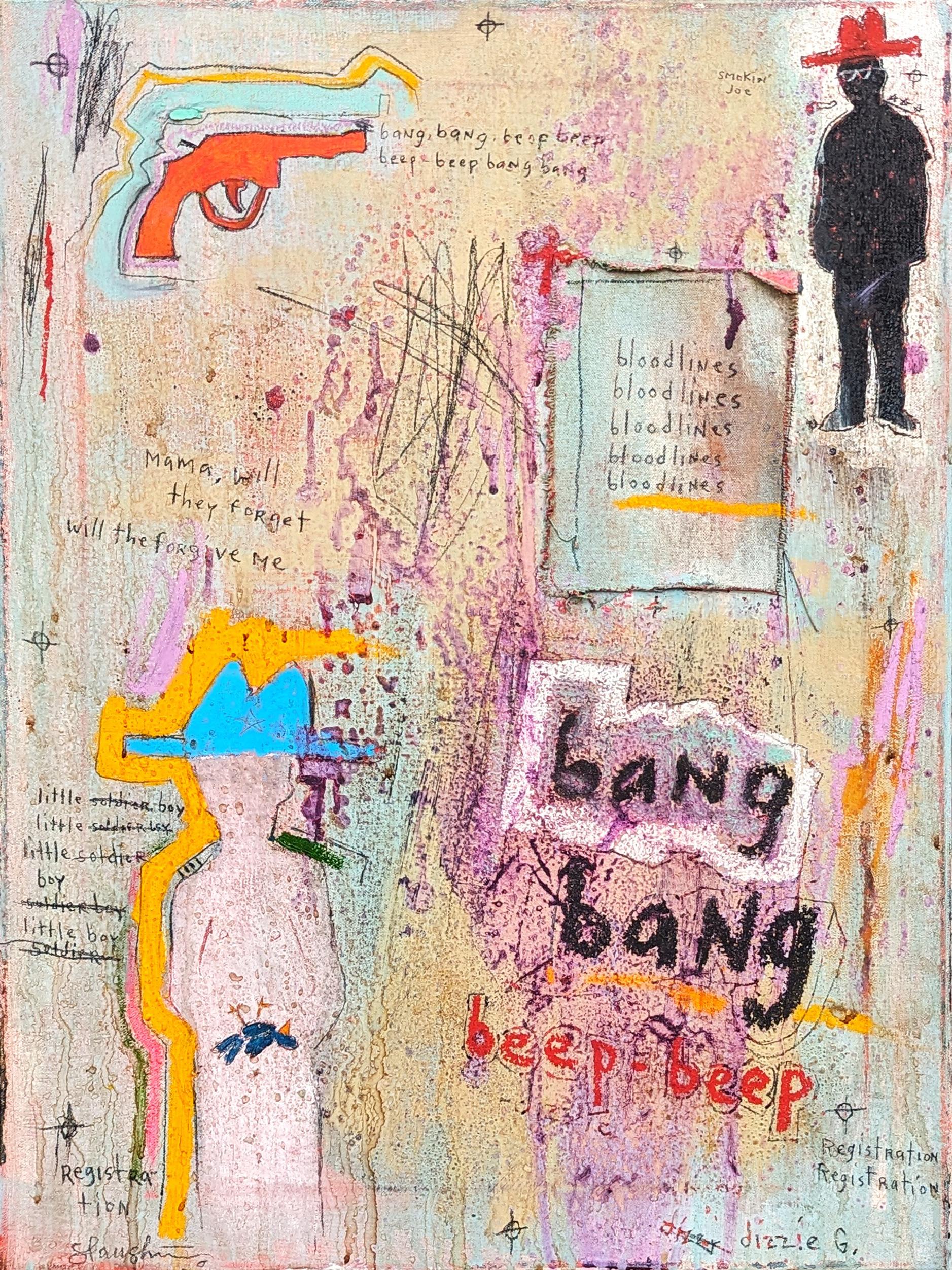Tra' Slaughter Abstract Painting - “Bang Bang, Beep Beep” Abstract Contemporary Figurative Cowboy Painting