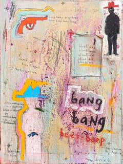 Bang Bang, Beep Beep Peinture abstraite contemporaine figurative de cow-boy